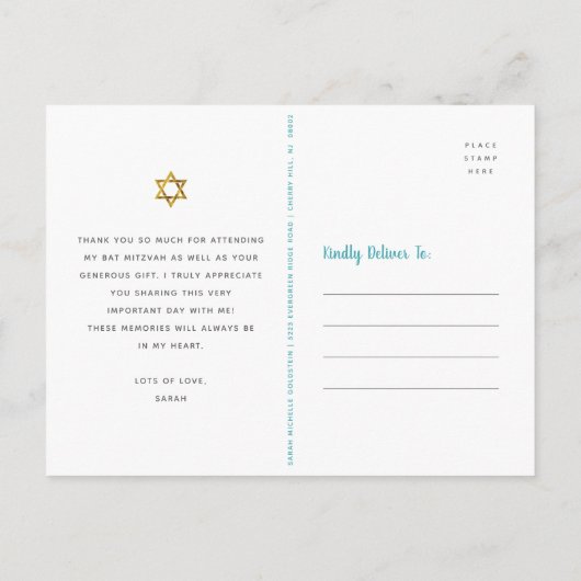 Bat Mitzvah Gold Script Blue Waterverf Dank u wel Briefkaart (Achterkant)