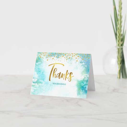 Bat Mitzvah Gold Script op Turquoise Waterverf Bedankkaart (Voorkant)