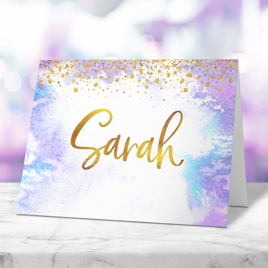 Bat Mitzvah Gold Script Paarse Waterverf Sarah Bedankkaart