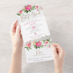 Bat Mitzvah Gold Script Roze Floral Waterverf All In One Uitnodiging<br><div class="desc">Wees trots, blij en toon deze mijlpaal van je favoriete Bat Mitzvah! Verstuur deze verbluffende, moderne, aangepaste all-in-one uitnodiging voor een evenement dat je moet onthouden. Een griezelige, verbluffende, roze en perzikkleurige waterverf met faux Gold folie handgeschreven scripttypografie en modern stoffig roos en grijze sans serif type bedekken een witte...</div>