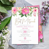 Bat Mitzvah Gold Script Roze Floral Waterverf Kaart