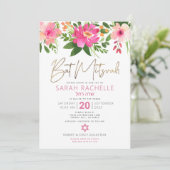 Bat Mitzvah Gold Script Roze Floral Waterverf Kaart (Staand voorkant)