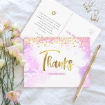 Bat Mitzvah Gold Script roze Waterverf Dank u wel Briefkaart<br><div class="desc">Zorg ervoor dat je favoriete Bat Mitzvah haar waardering show aan iedereen die haar mijlpaal steunde! Verstuur dit verbluffende, moderne, dunne, handgeschreven folie handgeschreven script en kleine stippen die een lichtroze waterverf achtergrond bedekken, op maat gemaakt dankzij uw briefkaart. Op de voorzijde, personaliseer met de naam van uw Bat Mitzvah....</div>