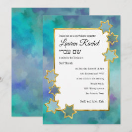 Bat Mitzvah Gold Star Abstract Design Blauw Kaart