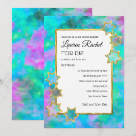 Bat Mitzvah Gold Star Abstract Groen Blauw Roze Kaart