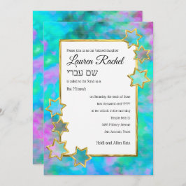 Bat Mitzvah Gold Star Abstract Groen Blauw Roze Kaart