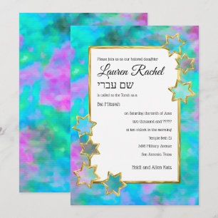 Bat Mitzvah Gold Star Abstract Groen Blauw Roze Kaart