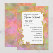 Bat Mitzvah Gold Star Abstract Roze Groen Sinaasap Kaart (Voorkant / Achterkant)