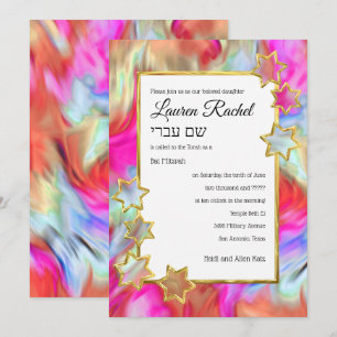 Bat Mitzvah Gold Star Abstract Tie Dye Red Kaart