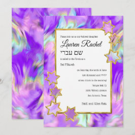 Bat Mitzvah Gold Star Abstracte Tie Dye Paarse Kaart