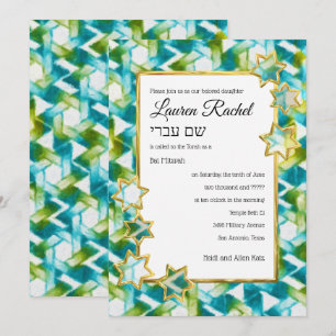 Bat Mitzvah Gold Star Groen Blauw Waterverf Damask Kaart