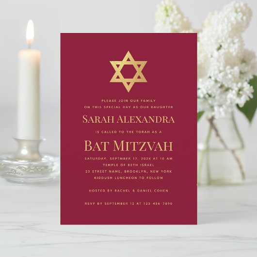 Bat Mitzvah Gold Star of David Simple Burgundy Red Kaart