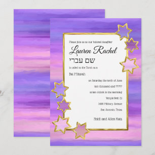 Bat Mitzvah Gold Star Paarse roze strepen Kaart