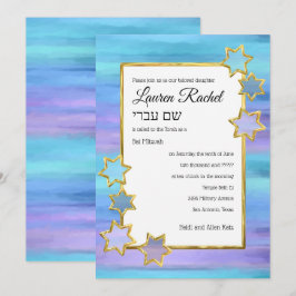 Bat Mitzvah Gold Star Paarse turquoise strepen Kaart