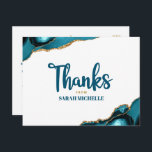 Bat Mitzvah Gold Turquoise Agaat Script Dank je Briefkaart<br><div class="desc">Zorg ervoor dat je favoriete Bat Mitzvah zijn waardering show aan iedereen die haar mijlpaalevenement heeft ondersteund! Stuur dit coole, unieke, moderne, gepersonaliseerde dank u briefkaart. Turquoise blauw handgeschreven script en vet, sans serif typografie overlay een eenvoudige, schone witte achtergrond met turquoise blauwe agaat rotsen geaccentueerd met faux gouden aders....</div>