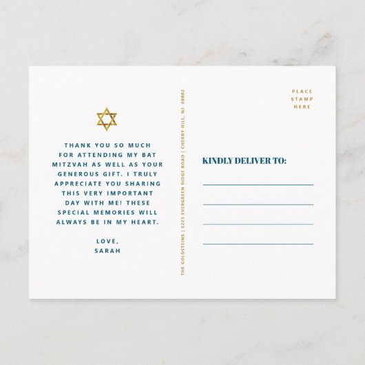 Bat Mitzvah Gold Turquoise Agaat Script Dank je Briefkaart (Achterkant)