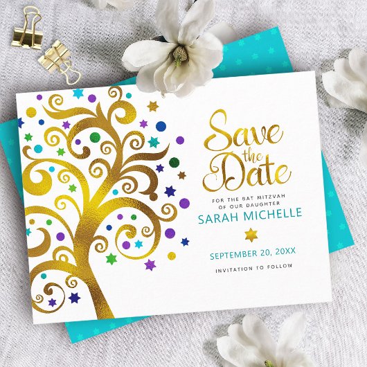 Bat Mitzvah Gold Turquoise en Paarse levensboom Save The Date