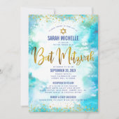 Bat Mitzvah Gold Turquoise Waterverf 2 Venue Chic Kaart (Voorkant)