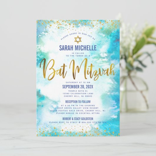 Bat Mitzvah Gold Turquoise Waterverf 2 Venue Chic Kaart (Staand voorkant)
