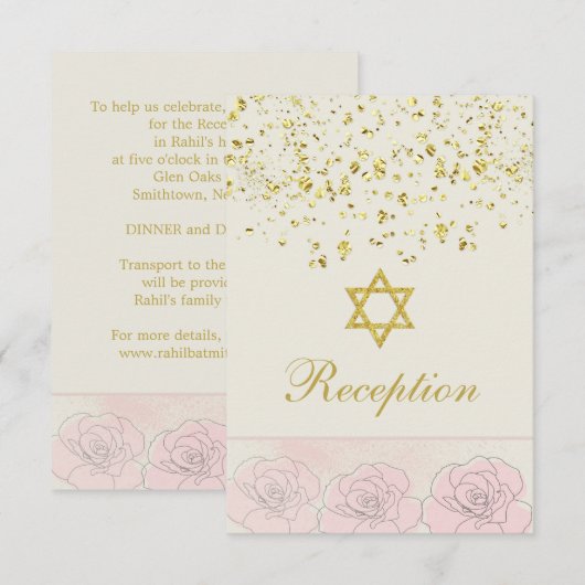 Bat Mitzvah golden confetti, rozen-ontvangstkaart Informatiekaartje (Voorkant / Achterkant)
