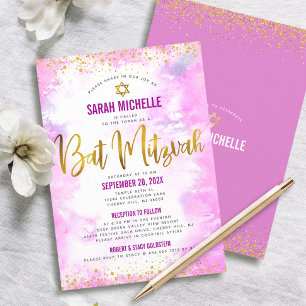 Bat Mitzvah Goud Glitter Roze Waterverf 2 Locatie Kaart