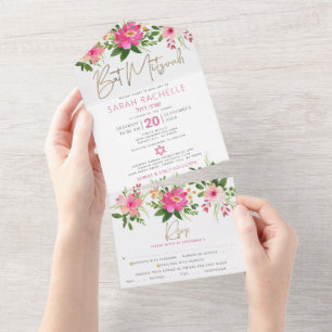 Bat Mitzvah Goud Type Roze Bloem Waterverf Feest All In One Uitnodiging