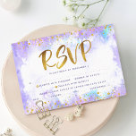 Bat Mitzvah gouden folie paarse waterverf entrée RSVP Kaartje<br><div class="desc">Wees trots, verheug je en laat deze mijlpaal van je favoriete Bat Mitzvah zien! Neem deze prachtige, moderne, sprankelende gouden faux folie en glitter stippen en typografie script tegen een zacht paarse waterverf achtergrond, gepersonaliseerde RSVP insert card voor uw evenement. Personaliseer de aangepaste tekst met de "antwoorddatum" en opties voor...</div>