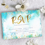 Bat Mitzvah gouden folie turquoise waterverf entré RSVP Kaartje<br><div class="desc">Wees trots, verheug je en laat deze mijlpaal van je favoriete Bat Mitzvah zien! Neem deze prachtige, moderne, sprankelende gouden faux folie en glitter stippen en typografie script tegen een turquoise waterverf achtergrond, gepersonaliseerde RSVP insert card voor uw evenement. Personaliseer de aangepaste tekst met de "antwoorddatum" en opties voor de...</div>