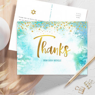 Bat Mitzvah Gouden Schrift Blauwe Waterverf Bedank Briefkaart
