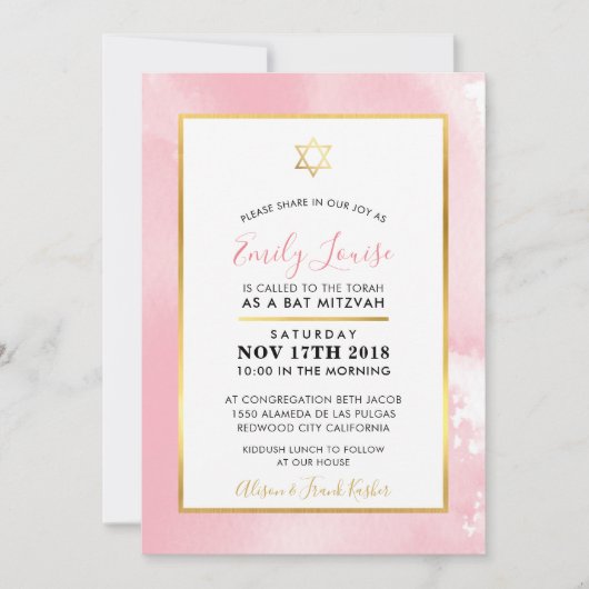 BAT MITZVAH gouden ster bleek roze waterverf uitno Kaart (Voorkant)
