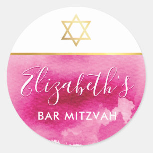 BAT MITZVAH gouden ster chique roze waterverf uitn Ronde Sticker