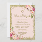 Bat Mitzvah | Goudglitters Blush Pink Floral Kaart (Voorkant)