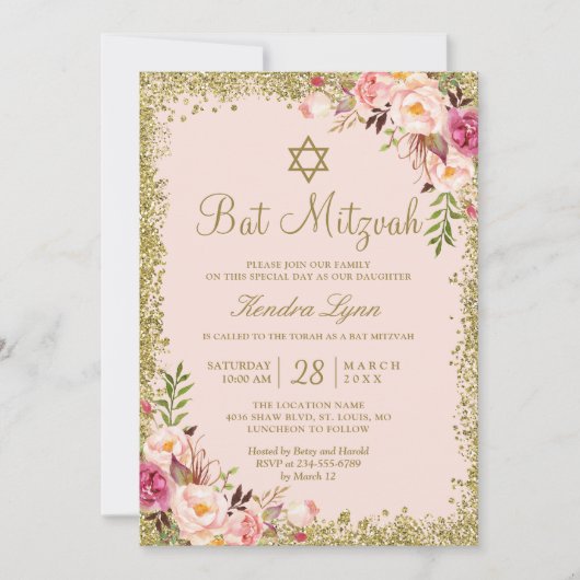 Bat Mitzvah | Goudglitters Blush Pink Floral Kaart (Voorkant)