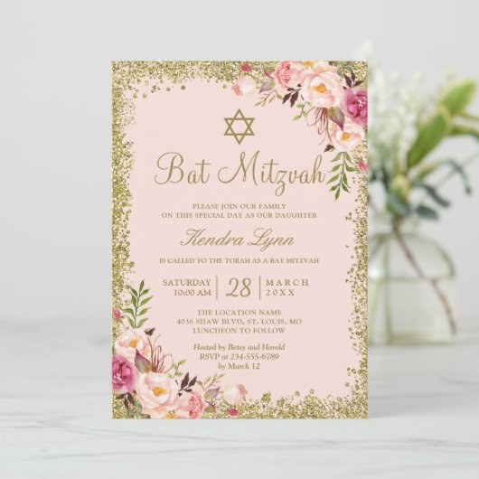 Bat Mitzvah | Goudglitters Blush Pink Floral Kaart (Staand voorkant)