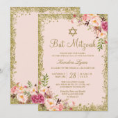 Bat Mitzvah | Goudglitters Blush Pink Floral Kaart (Voorkant / Achterkant)