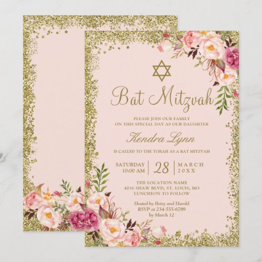 Bat Mitzvah | Goudglitters Blush Pink Floral Kaart (Voorkant / Achterkant)
