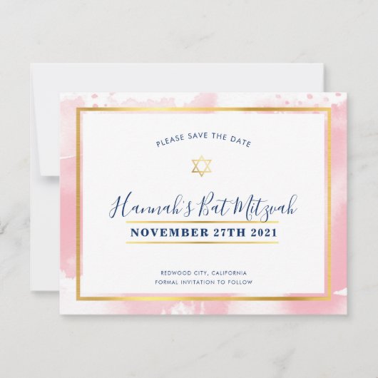 BAT MITZVAH goudroze waterverf save the date Kaart (Voorkant)