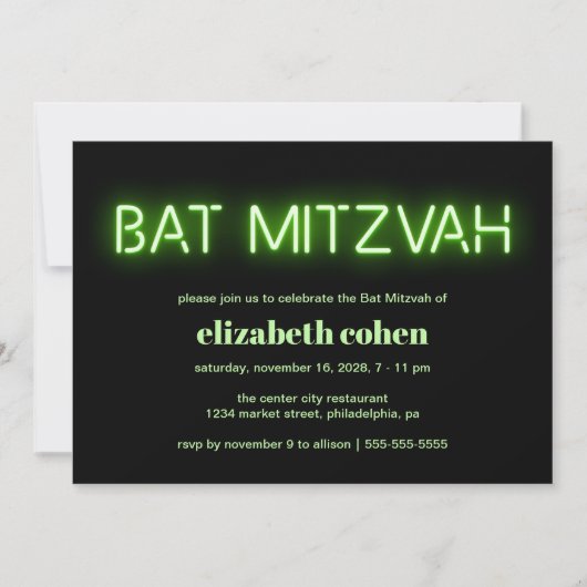 Bat Mitzvah Green Neon Lights Kaart (Voorkant)