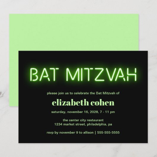 Bat Mitzvah Green Neon Lights Kaart (Voorkant / Achterkant)