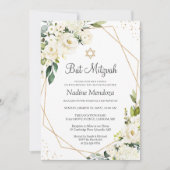 Bat Mitzvah | Greenery White Rose Floral Geometric Kaart (Voorkant)