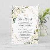 Bat Mitzvah | Greenery White Rose Floral Geometric Kaart (Staand voorkant)