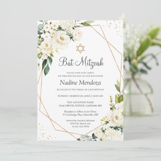 Bat Mitzvah | Greenery White Rose Floral Geometric Kaart (Staand voorkant)