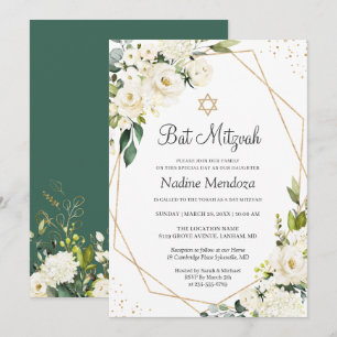 Bat Mitzvah   Greenery White Rose Floral Geometric Kaart