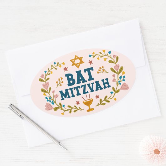 BAT MITZVAH Handgetekende bloemenjoods  Ovale Sticker (Envelop)
