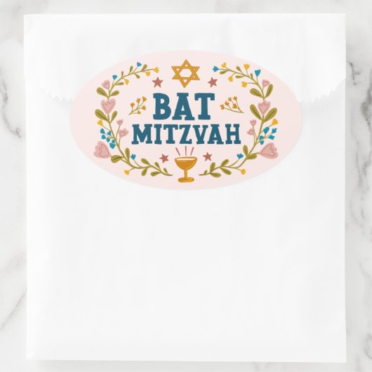 BAT MITZVAH Handgetekende bloemenjoods  Ovale Sticker (Tas)