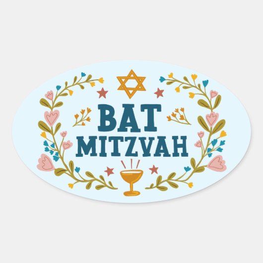 BAT MITZVAH Handgetekende bloemenjoods  Ovale Sticker (Voorkant)