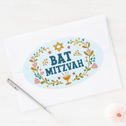 BAT MITZVAH Handgetekende bloemenjoods  Ovale Sticker (Envelop)