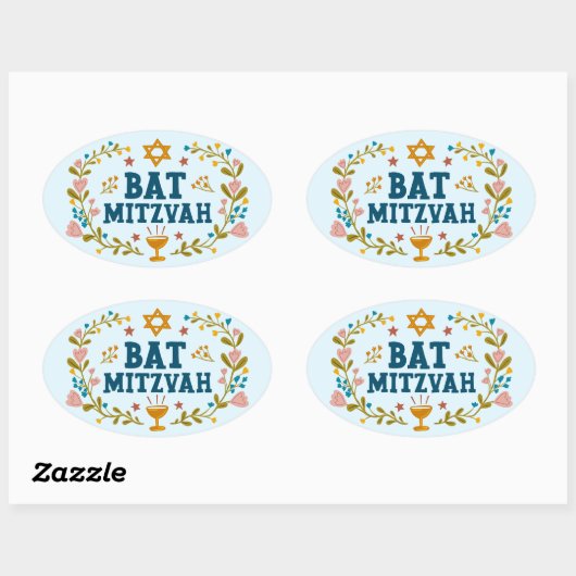 BAT MITZVAH Handgetekende bloemenjoods  Ovale Sticker (Vel)