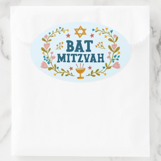 BAT MITZVAH Handgetekende bloemenjoods  Ovale Sticker (Tas)