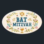BAT MITZVAH Handgetekende bloemenjoods  Ovale Sticker<br><div class="desc">Hand getekende tekst en bloemen door mij voor u. Geweldig voor een bat mitswa. Voor meer design en kleuren check mijn shop! Of laat het me weten als je iets op maat wilt. Vraag of je niet vindt wat je nodig hebt! :)</div>